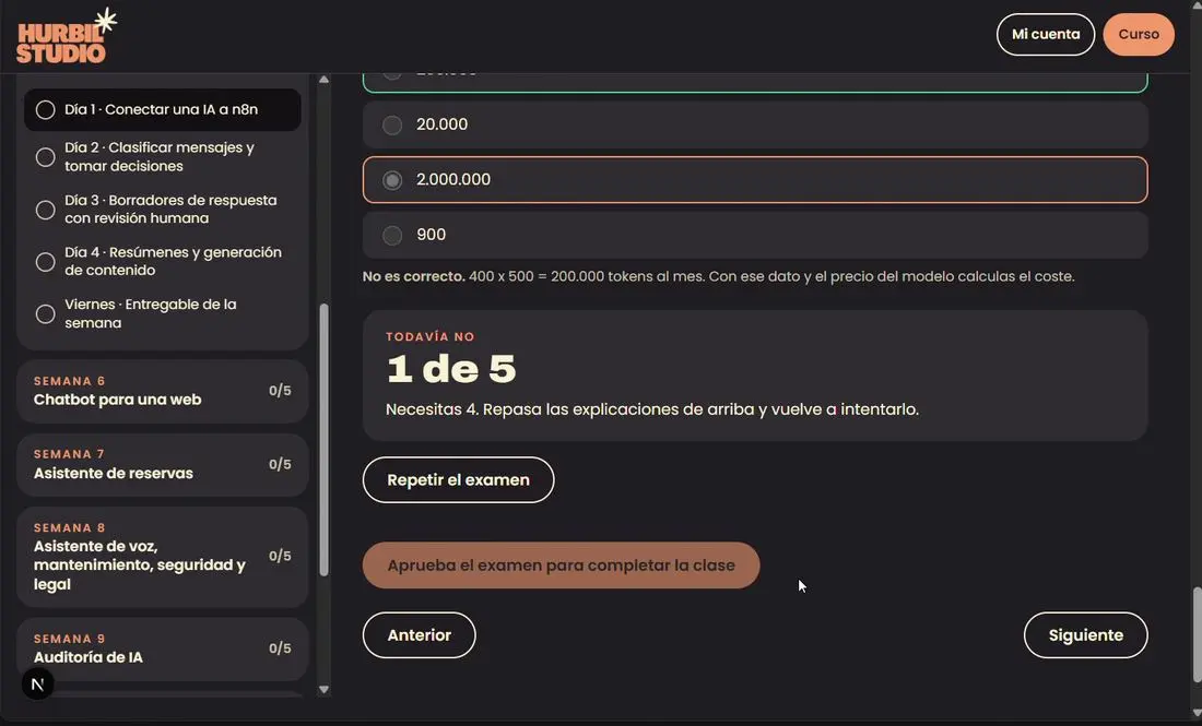Resultado del examen y progreso